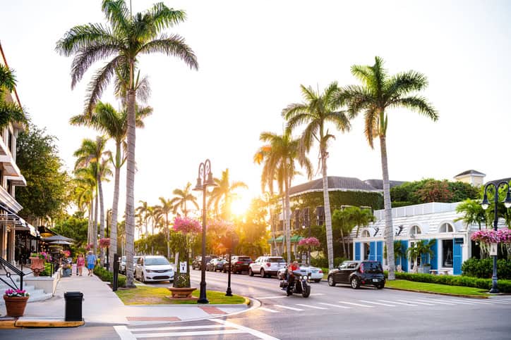 Palm trees on street in Naples, Florida beach city at sunset with sunlight, cars and people